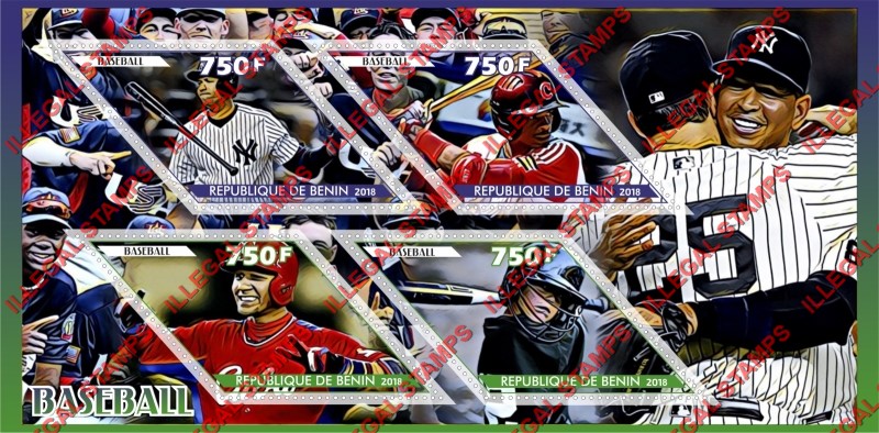 Benin 2018 Baseball Illegal Stamp Souvenir Sheet of 4 Benin 2018 Baseball Illegal Stamp Souvenir Sheet of 4