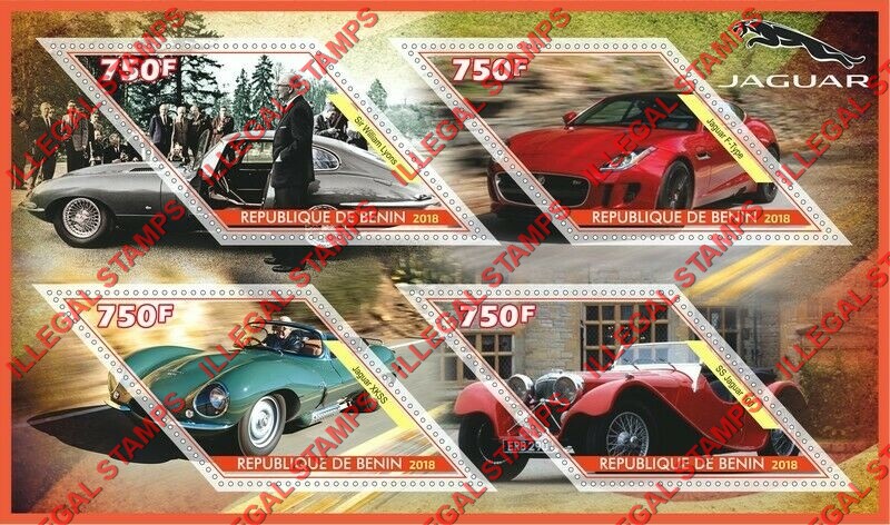 Benin 2018 Cars Jaguar (different) Illegal Stamp Souvenir Sheet of 4 Benin 2018 Cars Jaguar (different) Illegal Stamp Souvenir Sheet of 4