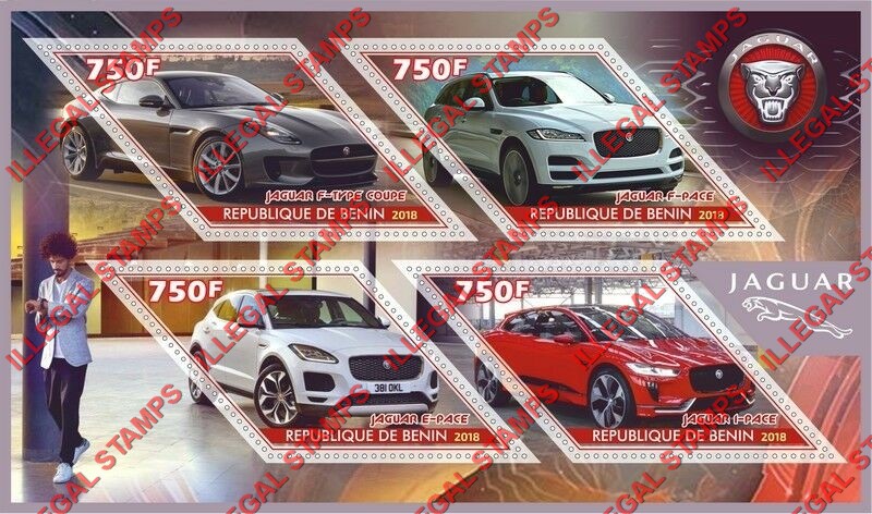 Benin 2018 Cars Jaguar Illegal Stamp Souvenir Sheet of 4 Benin 2018 Cars Jaguar Illegal Stamp Souvenir Sheet of 4