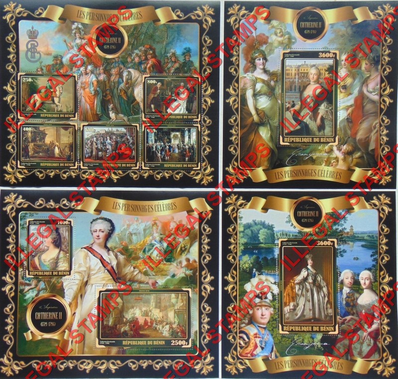 Benin 2018 Celebrities Catherine the Great Illegal Stamp Souvenir Sheets of 5, 2, and 1 Benin 2018 Celebrities Catherine the Great Illegal Stamp Souvenir Sheets of 5, 2, and 1