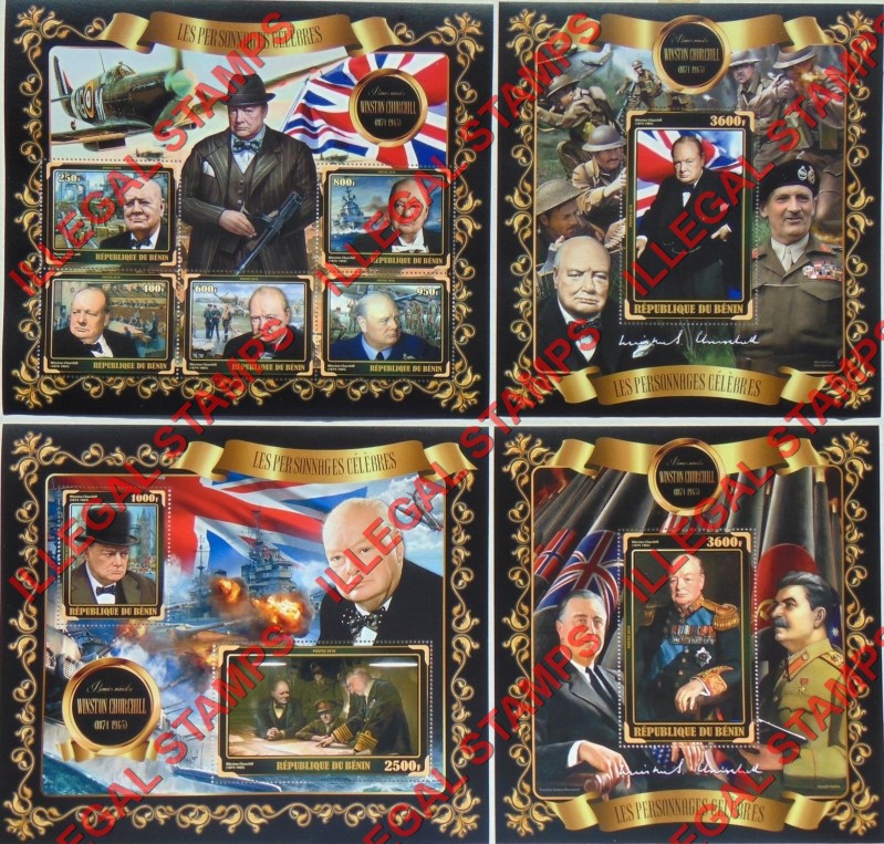 Benin 2018 Celebrities Winston Churchill Illegal Stamp Souvenir Sheets of 5, 2, and 1 Benin 2018 Celebrities Winston Churchill Illegal Stamp Souvenir Sheets of 5, 2, and 1