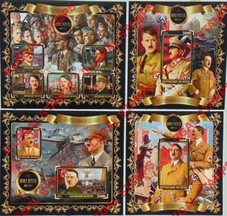 Benin 2018 Celebrities Adolph Hitler Illegal Stamp Souvenir Sheets of 5, 2, and 1 Benin 2018 Celebrities Adolph Hitler Illegal Stamp Souvenir Sheets of 5, 2, and 1