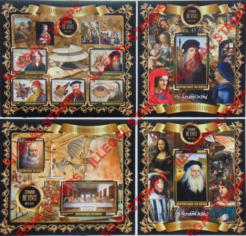 Benin 2018 Celebrities Leonard de Vinci Illegal Stamp Souvenir Sheets of 5, 2, and 1 Benin 2018 Celebrities Leonard de Vinci Illegal Stamp Souvenir Sheets of 5, 2, and 1