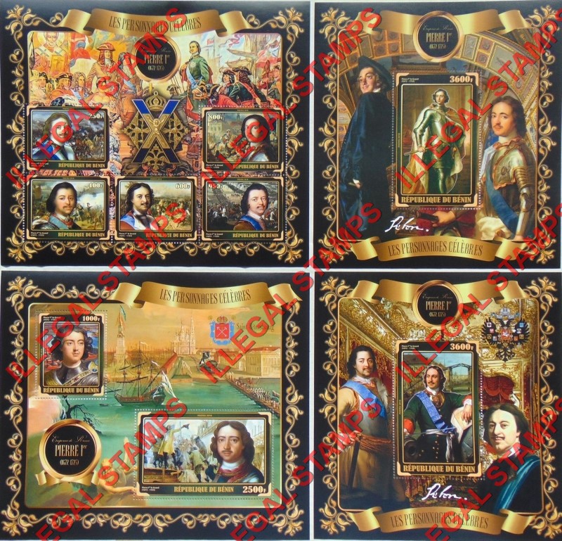 Benin 2018 Celebrities Peter the Great Illegal Stamp Souvenir Sheets of 5, 2, and 1 Benin 2018 Celebrities Peter the Great Illegal Stamp Souvenir Sheets of 5, 2, and 1