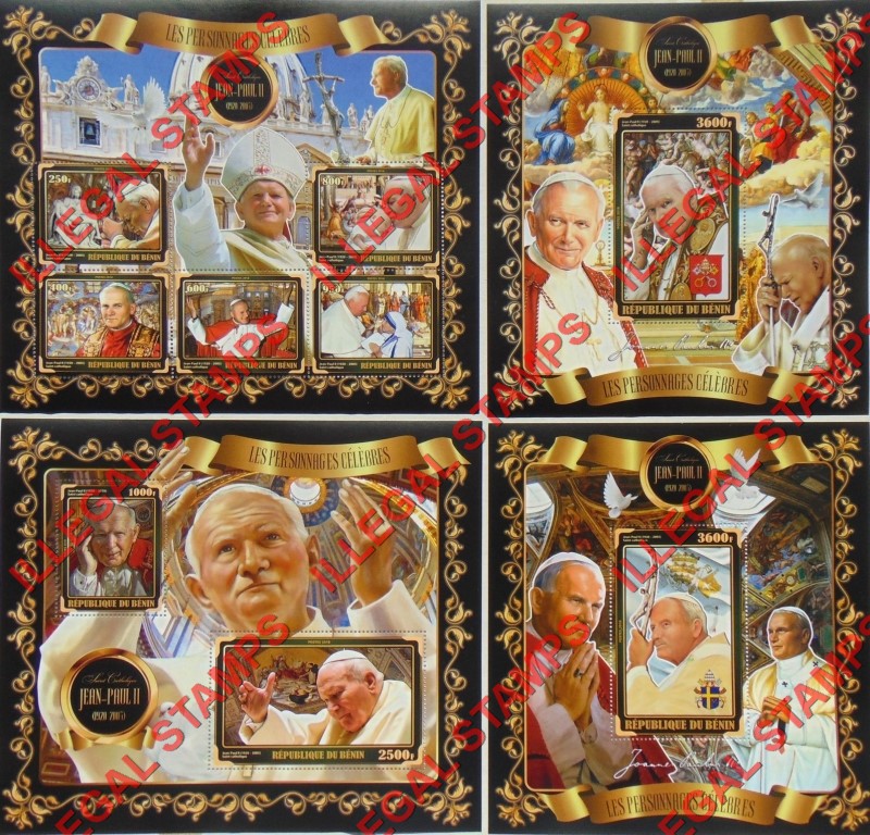 Benin 2018 Celebrities Pope John Paul II Illegal Stamp Souvenir Sheets of 5, 2, and 1 Benin 2018 Celebrities Pope John Paul II Illegal Stamp Souvenir Sheets of 5, 2, and 1