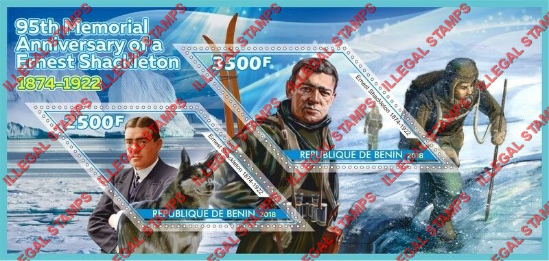 Benin 2018 Ernest Shackleton Illegal Stamp Souvenir Sheet of 2 Benin 2018 Ernest Shackleton Illegal Stamp Souvenir Sheet of 2