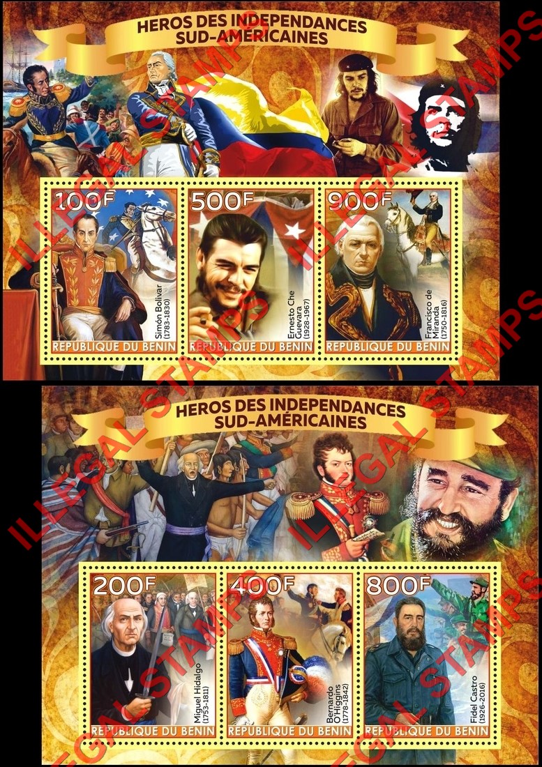Benin 2018 Heroes of Independence in South America Illegal Stamp Souvenir Sheets of 3 Benin 2018 Heroes of Independence in South America Illegal Stamp Souvenir Sheets of 3