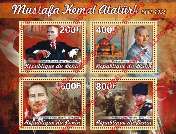 Benin 2018 Mustafa Kemal Ataturk Illegal Stamp Souvenir Sheet of 4 Benin 2018 Mustafa Kemal Ataturk Illegal Stamp Souvenir Sheet of 4