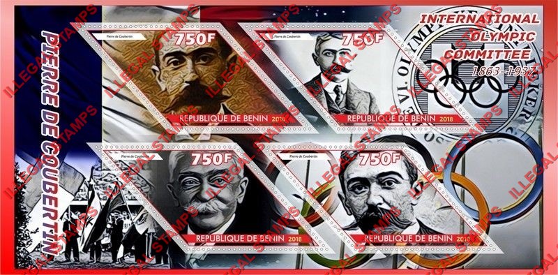 Benin 2018 Pierre de Coubertin Illegal Stamp Souvenir Sheet of 4 Benin 2018 Pierre de Coubertin Illegal Stamp Souvenir Sheet of 4