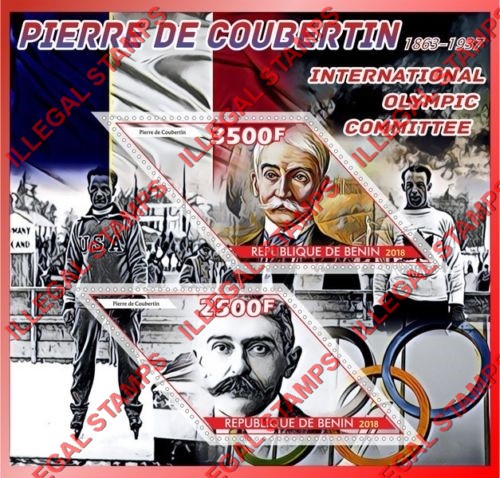Benin 2018 Pierre de Coubertin Illegal Stamp Souvenir Sheet of 2 Benin 2018 Pierre de Coubertin Illegal Stamp Souvenir Sheet of 2