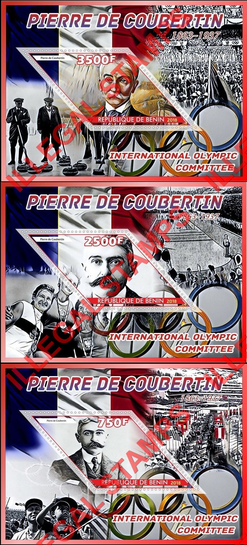 Benin 2018 Pierre de Coubertin Illegal Stamp Souvenir Sheets of 1 (Part 1) Benin 2018 Pierre de Coubertin Illegal Stamp Souvenir Sheets of 1 (Part 1)