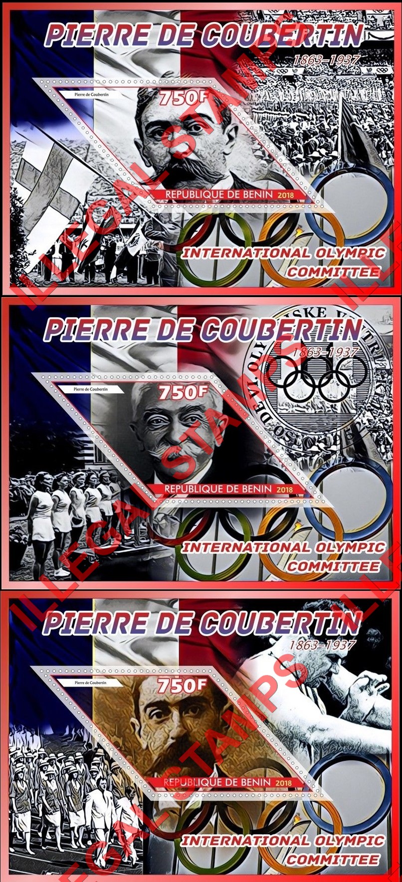 Benin 2018 Pierre de Coubertin Illegal Stamp Souvenir Sheets of 1 (Part 2) Benin 2018 Pierre de Coubertin Illegal Stamp Souvenir Sheets of 1 (Part 2)