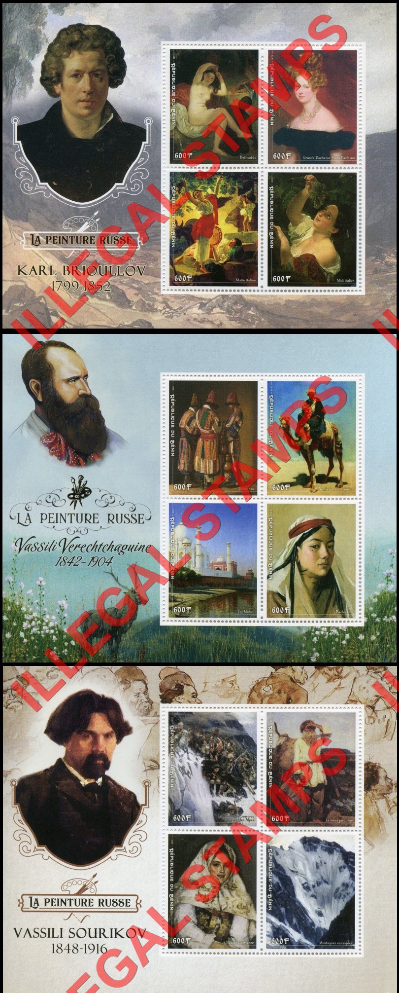 Benin 2018 Russian Painters Artists Art Illegal Stamp Souvenir Sheets of 4 (Part 1) Benin 2018 Russian Painters Artists Art Illegal Stamp Souvenir Sheets of 4 (Part 1)