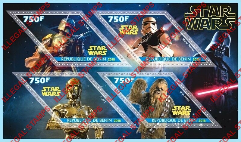 Benin 2018 Star Wars Illegal Stamp Souvenir Sheet of 4 Benin 2018 Star Wars Illegal Stamp Souvenir Sheet of 4
