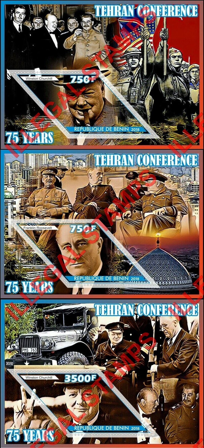 Benin 2018 Tehran Conference Illegal Stamp Souvenir Sheets of 1 (Part 2) Benin 2018 Tehran Conference Illegal Stamp Souvenir Sheets of 1 (Part 2)