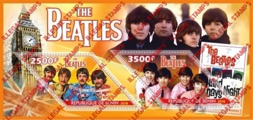 Benin 2018 The Beatles Illegal Stamp Souvenir Sheet of 2 Benin 2018 The Beatles Illegal Stamp Souvenir Sheet of 2