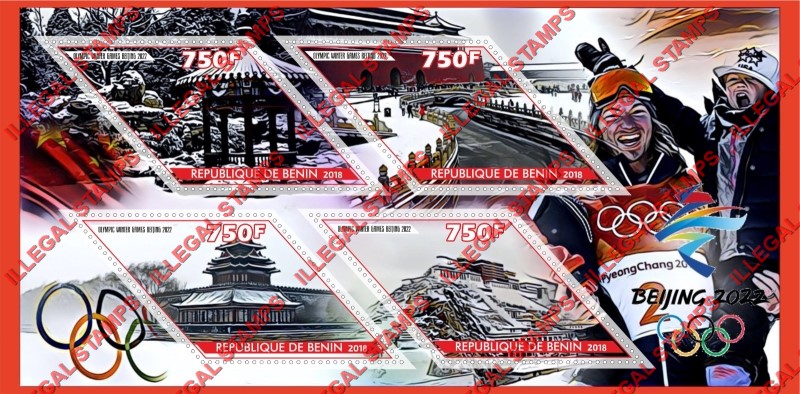 Benin 2018 Winter Olympics Beijing 2022 Illegal Stamp Souvenir Sheet of 4 Benin 2018 Winter Olympics Beijing 2022 Illegal Stamp Souvenir Sheet of 4
