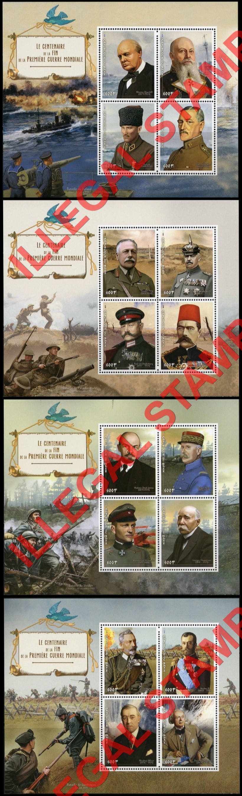 Benin 2018 World War I Leaders Illegal Stamp Souvenir Sheets of 4 Benin 2018 World War I Leaders Illegal Stamp Souvenir Sheets of 4