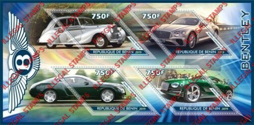 Benin 2019 Cars Bentley Illegal Stamp Souvenir Sheet of 4 Benin 2019 Cars Bentley Illegal Stamp Souvenir Sheet of 4