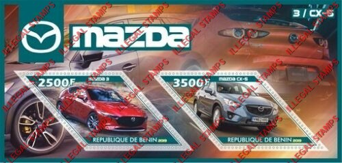 Benin 2019 Cars Mazda Illegal Stamp Souvenir Sheet of 2 Benin 2019 Cars Mazda Illegal Stamp Souvenir Sheet of 2