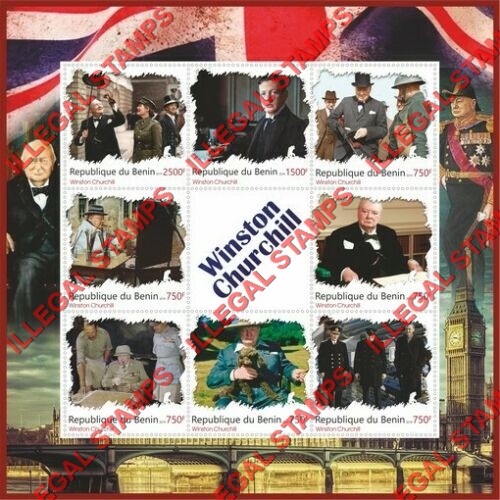 Benin 2019 Winston Churchill Illegal Stamp Souvenir Sheet of 8 Plus Label Benin 2019 Winston Churchill Illegal Stamp Souvenir Sheet of 8 Plus Label