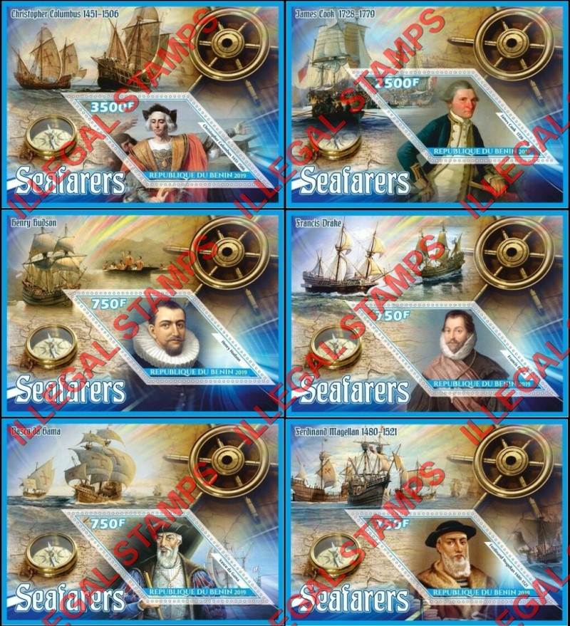 Benin 2019 Seafarers Illegal Stamp Souvenir Sheets of 1 Benin 2019 Seafarers Illegal Stamp Souvenir Sheets of 1