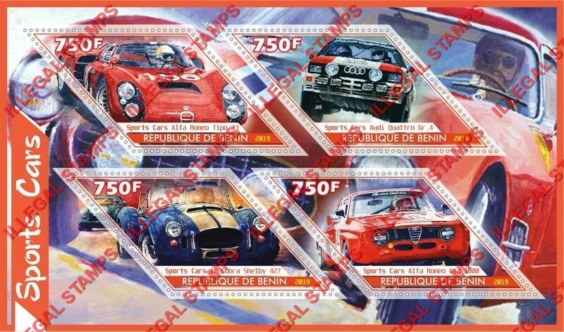Benin 2019 Sports Cars Illegal Stamp Souvenir Sheet of 4 Benin 2019 Sports Cars Illegal Stamp Souvenir Sheet of 4
