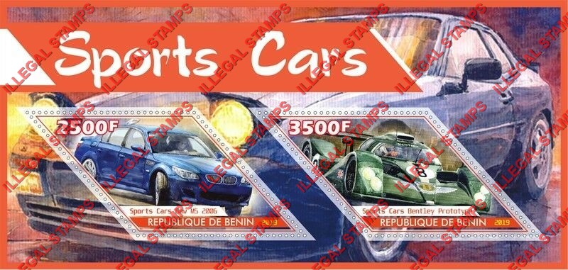 Benin 2019 Sports Cars Illegal Stamp Souvenir Sheet of 2 Benin 2019 Sports Cars Illegal Stamp Souvenir Sheet of 2