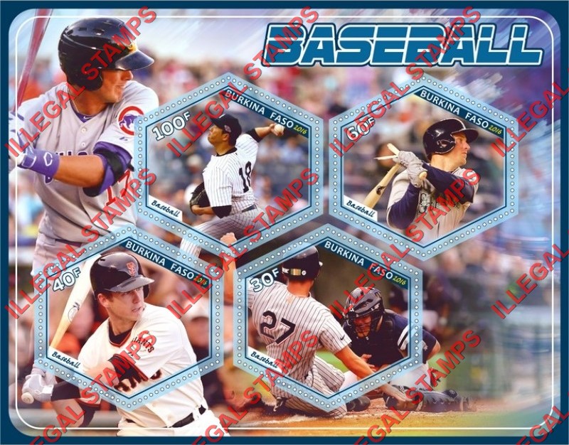Burkina Faso 2016 Baseball Illegal Stamp Souvenir Sheet of 4