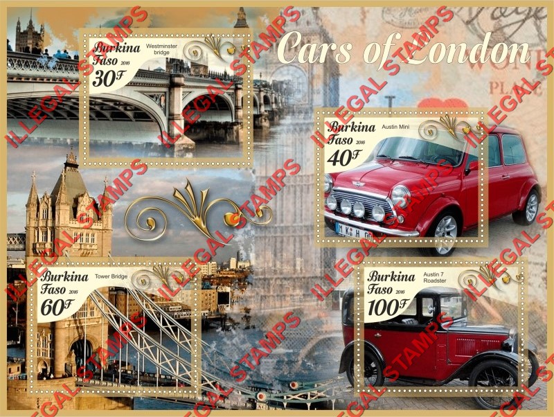 Burkina Faso 2016 Bridges and Cars of London Illegal Stamp Souvenir Sheet of 4