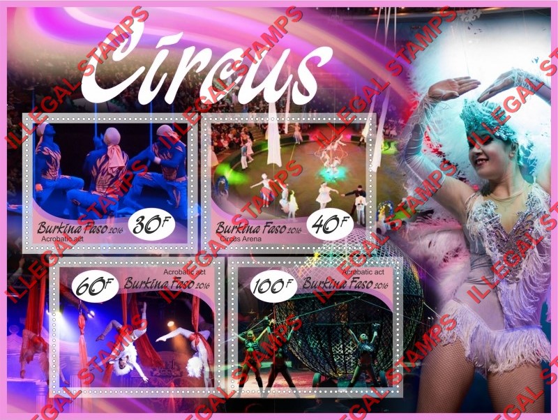 Burkina Faso 2016 Circus Illegal Stamp Souvenir Sheet of 4