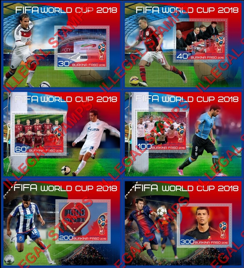 Burkina Faso 2016 FIFA World Cup Soccer in 2018 Illegal Stamp Souvenir Sheets of 1