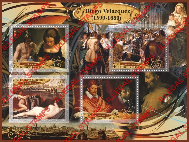 Burkina Faso 2016 Paintings by Diego Valazquez Illegal Stamp Souvenir Sheet of 4