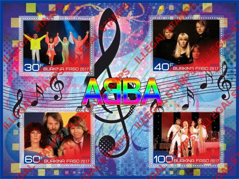 Burkina Faso 2017 ABBA Illegal Stamp Souvenir Sheet of 4 Burkina Faso 2017 ABBA Illegal Stamp Souvenir Sheet of 4