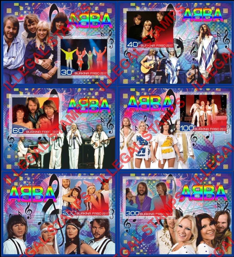 Burkina Faso 2017 ABBA Illegal Stamp Souvenir Sheets of 1 Burkina Faso 2017 ABBA Illegal Stamp Souvenir Sheets of 1