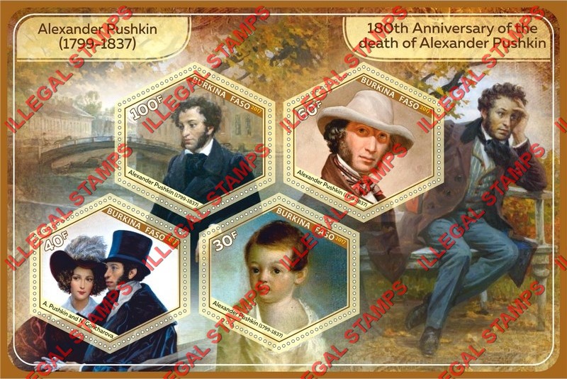 Burkina Faso 2017 Alexander Pushkin Illegal Stamp Souvenir Sheet of 4 Burkina Faso 2017 Alexander Pushkin Illegal Stamp Souvenir Sheet of 4