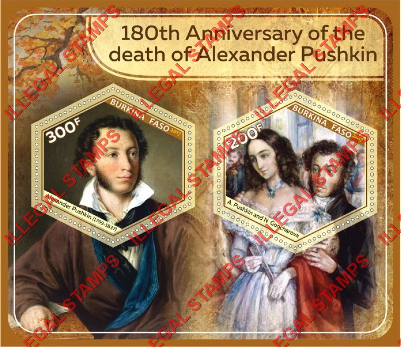Burkina Faso 2017 Alexander Pushkin Illegal Stamp Souvenir Sheet of 2 Burkina Faso 2017 Alexander Pushkin Illegal Stamp Souvenir Sheet of 2