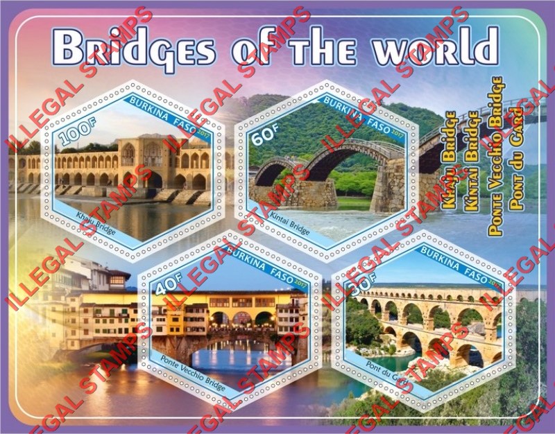 Burkina Faso 2017 Bridges of the World Illegal Stamp Souvenir Sheet of 4 Burkina Faso 2017 Bridges of the World Illegal Stamp Souvenir Sheet of 4