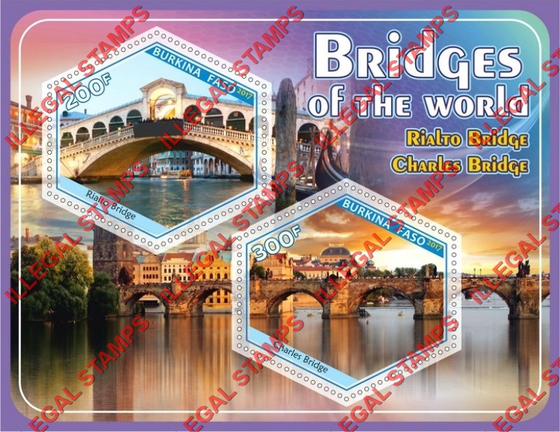 Burkina Faso 2017 Bridges of the World Illegal Stamp Souvenir Sheet of 2 Burkina Faso 2017 Bridges of the World Illegal Stamp Souvenir Sheet of 2