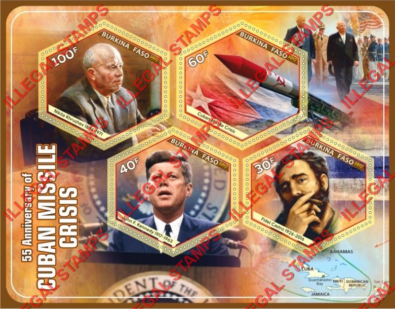 Burkina Faso 2017 Cuban Missile Crisis Illegal Stamp Souvenir Sheet of 4 Burkina Faso 2017 Cuban Missile Crisis Illegal Stamp Souvenir Sheet of 4
