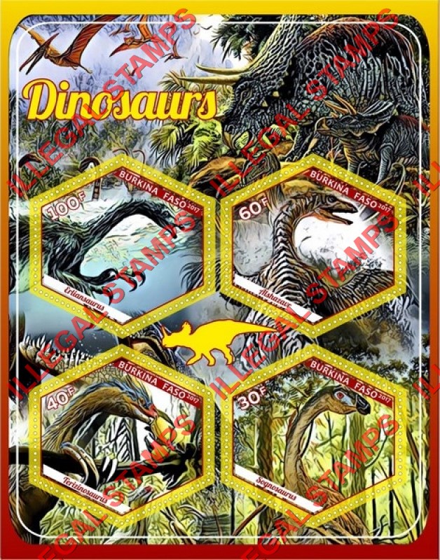 Burkina Faso 2017 Dinosaurs (different) Illegal Stamp Souvenir Sheet of 4 Burkina Faso 2017 Dinosaurs (different) Illegal Stamp Souvenir Sheet of 4