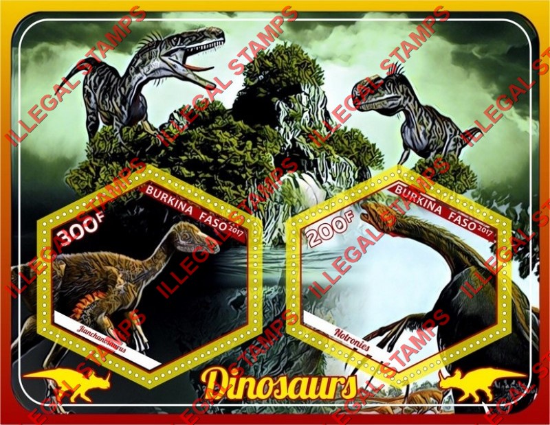 Burkina Faso 2017 Dinosaurs (different) Illegal Stamp Souvenir Sheet of 2 Burkina Faso 2017 Dinosaurs (different) Illegal Stamp Souvenir Sheet of 2