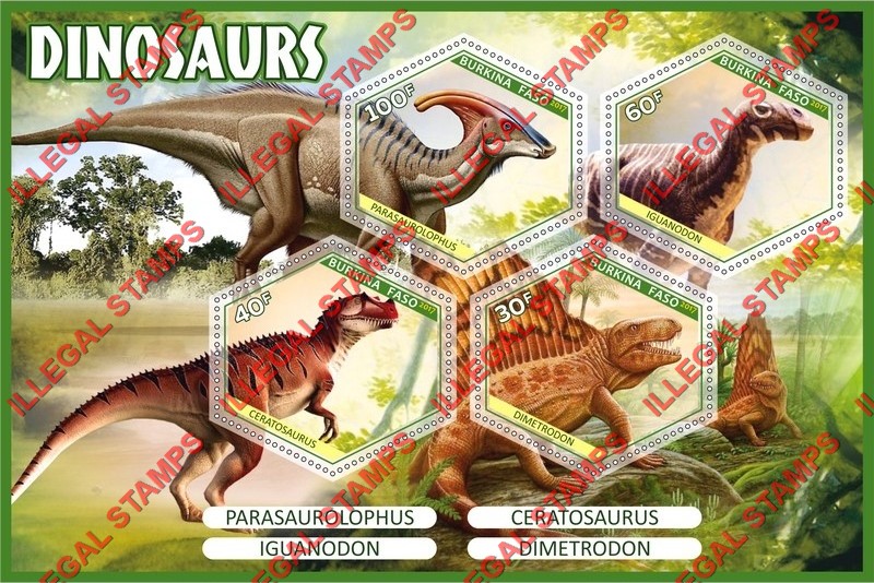 Burkina Faso 2017 Dinosaurs Illegal Stamp Souvenir Sheet of 4 Burkina Faso 2017 Dinosaurs Illegal Stamp Souvenir Sheet of 4