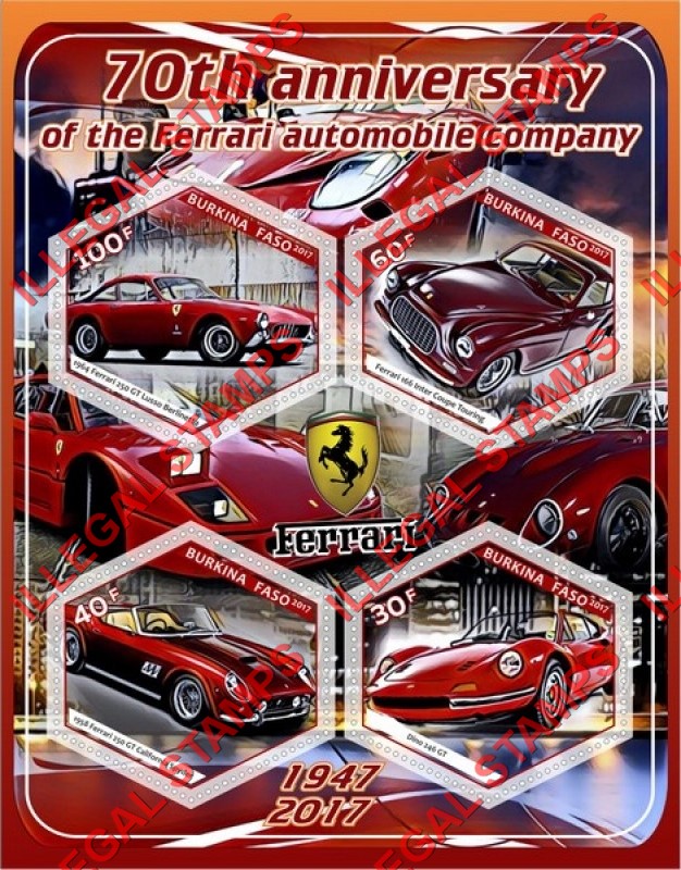 Burkina Faso 2017 Ferrari Illegal Stamp Souvenir Sheet of 4 Burkina Faso 2017 Ferrari Illegal Stamp Souvenir Sheet of 4