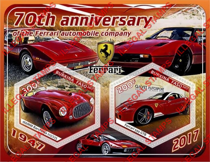 Burkina Faso 2017 Ferrari Illegal Stamp Souvenir Sheet of 2 Burkina Faso 2017 Ferrari Illegal Stamp Souvenir Sheet of 2