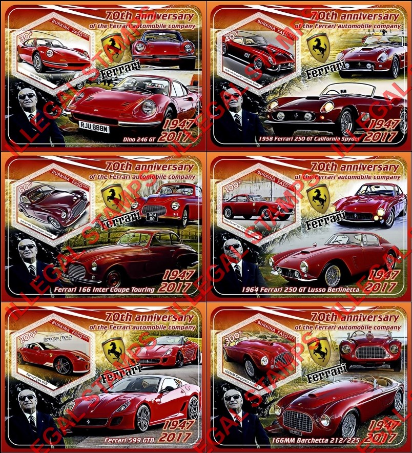 Burkina Faso 2017 Ferrari Illegal Stamp Souvenir Sheets of 1 Burkina Faso 2017 Ferrari Illegal Stamp Souvenir Sheets of 1