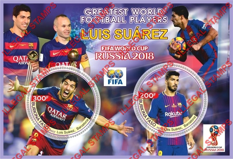Burkina Faso 2017 FIFA World Cup Soccer in 2018 Greatest World Football Players Luis Suarez Illegal Stamp Souvenir Sheet of 2 Burkina Faso 2017 FIFA World Cup Soccer in 2018 Greatest World Football Players Luis Suarez Illegal Stamp Souvenir Sheet of 2