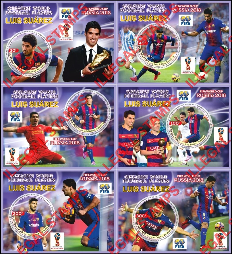 Burkina Faso 2017 FIFA World Cup Soccer in 2018 Greatest World Football Players Luis Suarez Illegal Stamp Souvenir Sheets of 1 Burkina Faso 2017 FIFA World Cup Soccer in 2018 Greatest World Football Players Luis Suarez Illegal Stamp Souvenir Sheets of 1