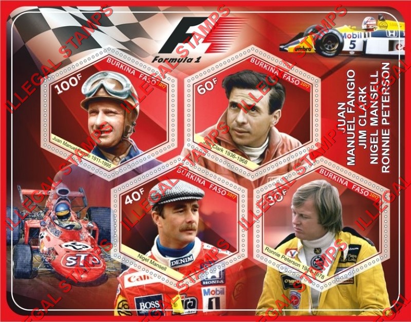 Burkina Faso 2017 Formula I Race Car Drivers Illegal Stamp Souvenir Sheet of 4 Burkina Faso 2017 Formula I Race Car Drivers Illegal Stamp Souvenir Sheet of 4