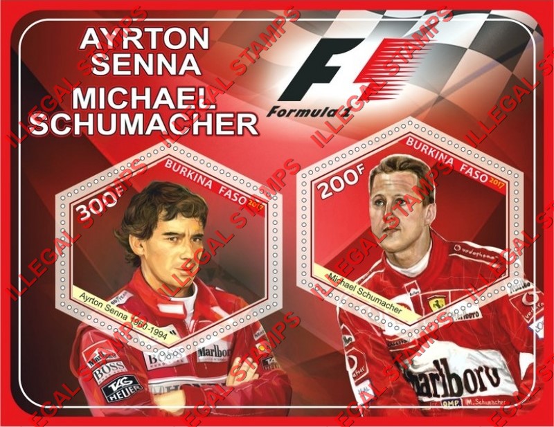Burkina Faso 2017 Formula I Race Car Drivers Illegal Stamp Souvenir Sheet of 2 Burkina Faso 2017 Formula I Race Car Drivers Illegal Stamp Souvenir Sheet of 2